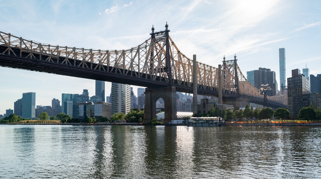 Queensbridge Park which includes a bridge, a city and a river or creek