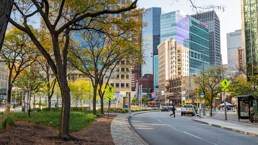 Downtown Pittsburgh which includes street scenes and a city