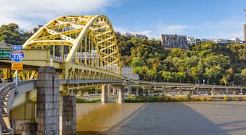 Downtown Pittsburgh which includes a bridge and a river or creek