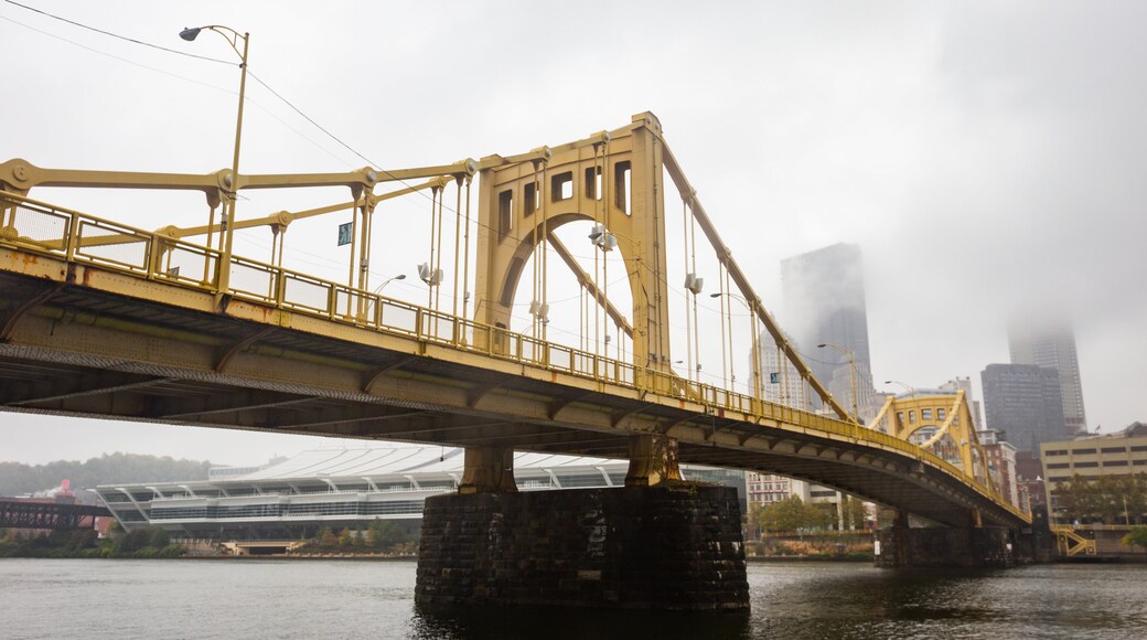 Andy Warhol Bridge which includes a bridge, mist or fog and a river or creek