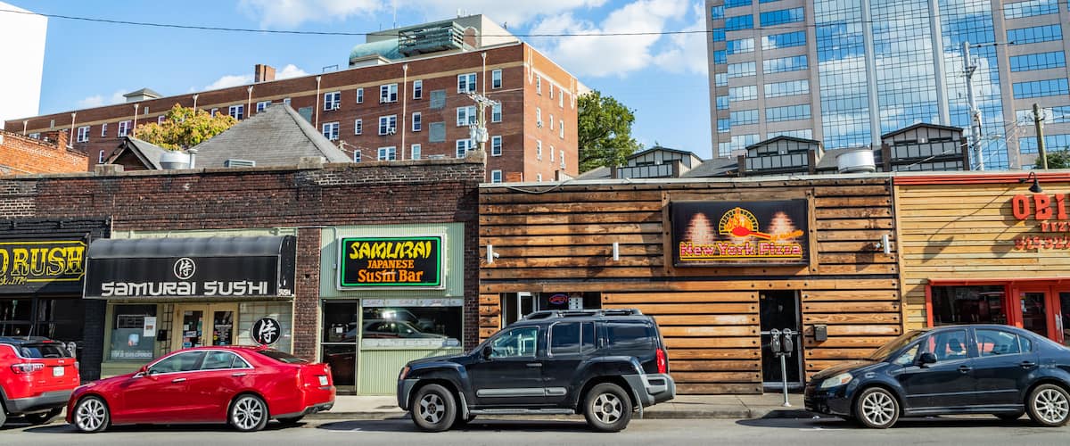 West End showing signage and a city