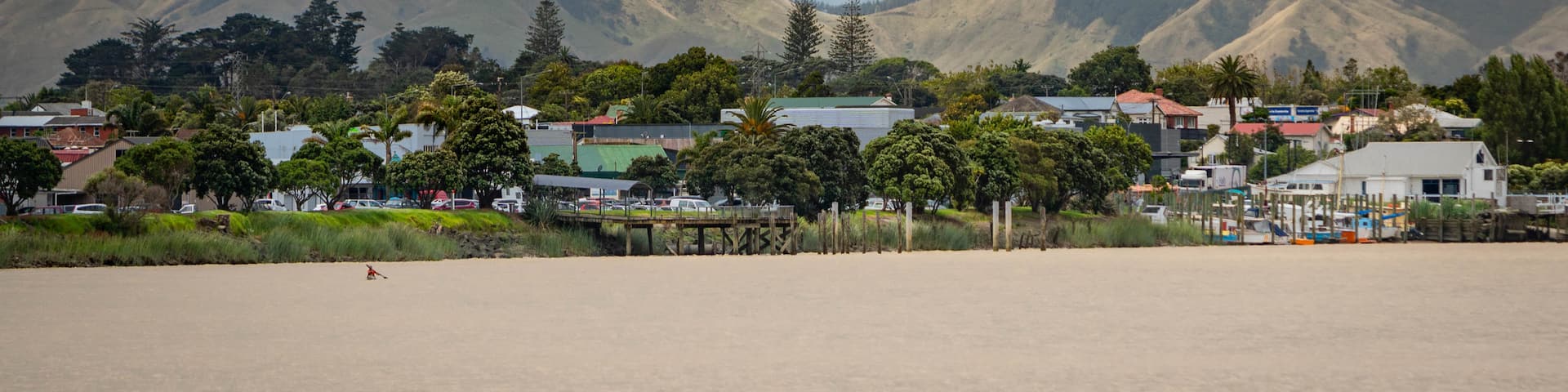 Dargaville showing a beach and a coastal town