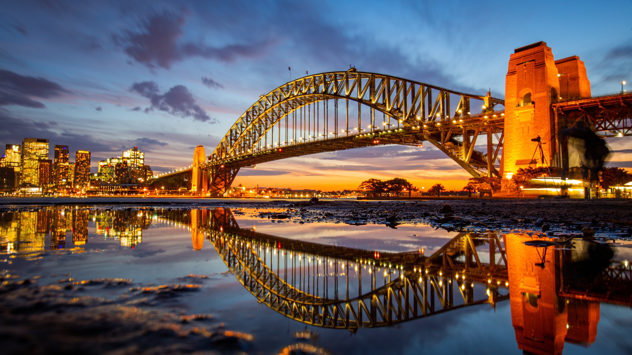 Sydney Harbour Bridge featuring a river or creek, a sunset and a bridge