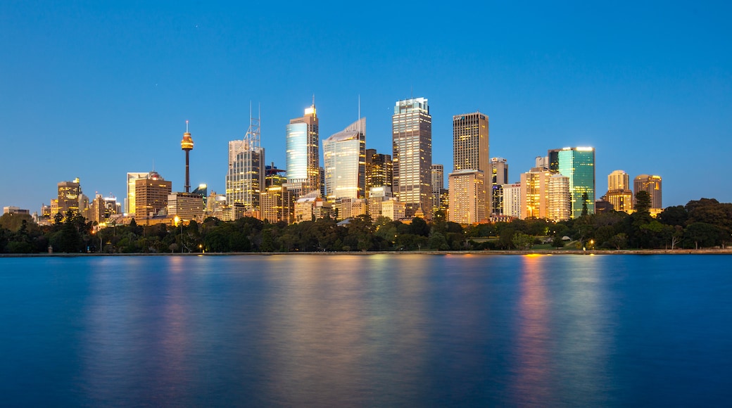 Mrs. Macquarie\'s Chair which includes night scenes, a bay or harbor and a city