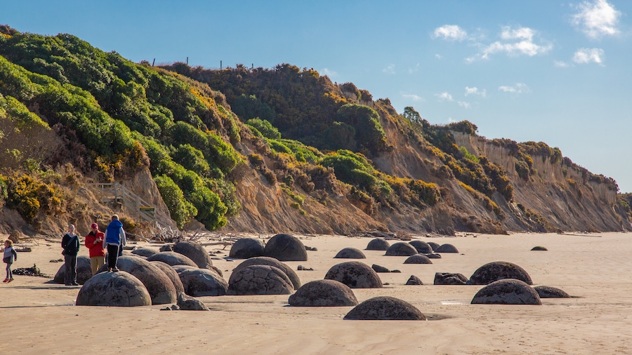 Moeraki Boulders which includes a beach as well as a small group of people