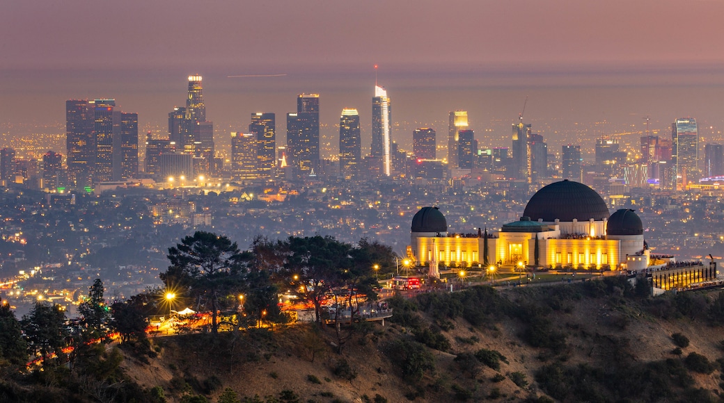 Griffith Observatory featuring a city, landscape views and night scenes