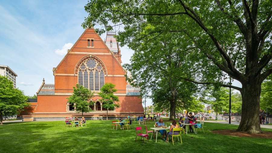 Memorial Hall showing a church or cathedral and a garden