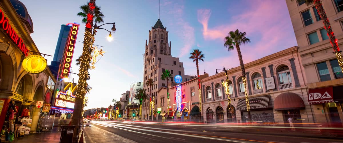 Hollywood featuring a sunset, a city and street scenes