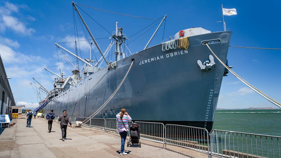 SS Jeremiah O\'Brien showing a marina