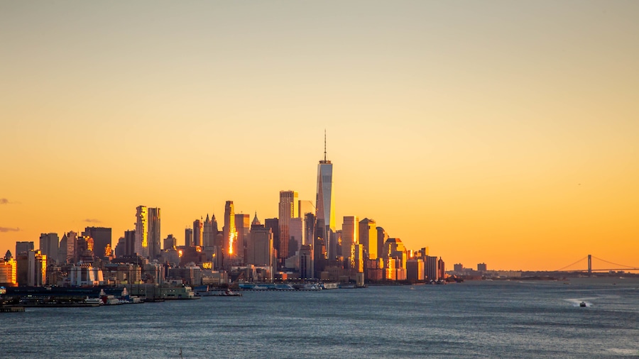 Weehawken which includes a city, landscape views and a sunset