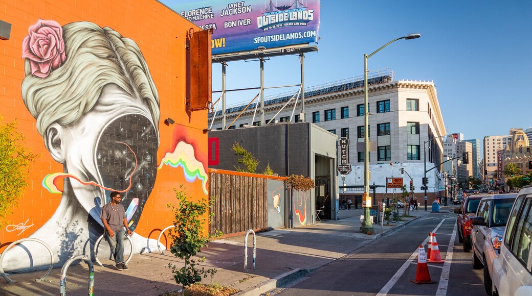 Telegraph Avenue featuring street scenes, outdoor art and a city