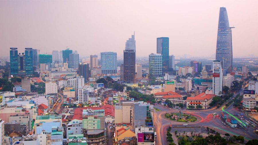 Vietnam showing a sunset, landscape views and a city