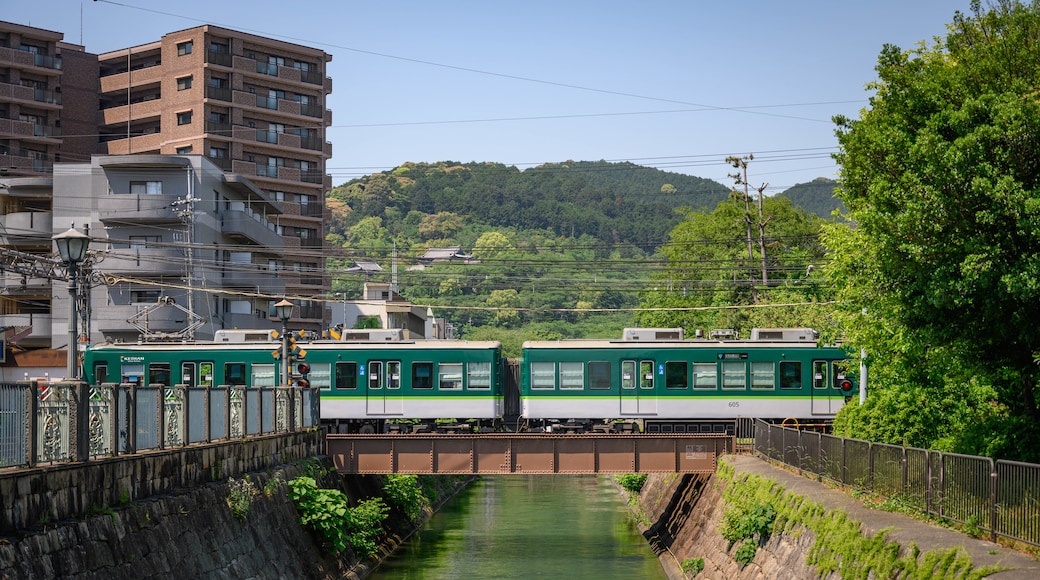 Mii-dera featuring railway items, a river or creek and a bridge