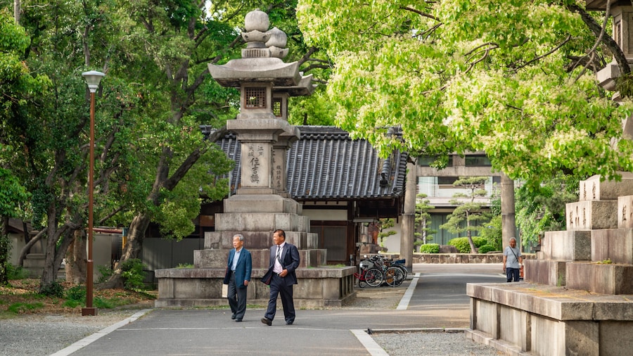 Sumiyoshi Taisha Shrine with traditional architecture and lush greenery in Osaka, Japan.