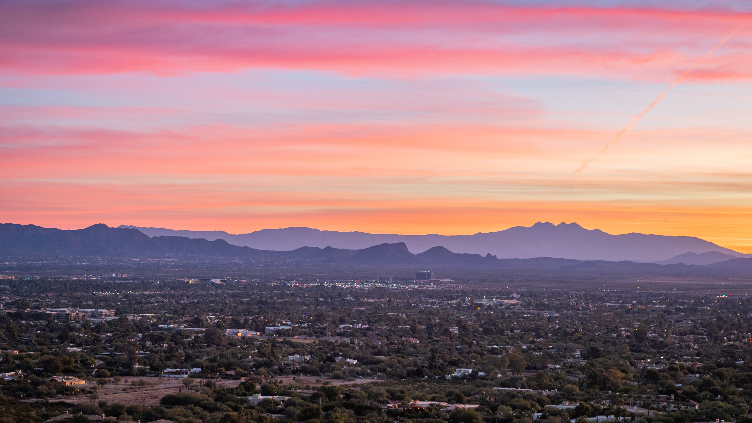 Las Vegas Sunset Aerial View With Mountain. Viewed From Top Of