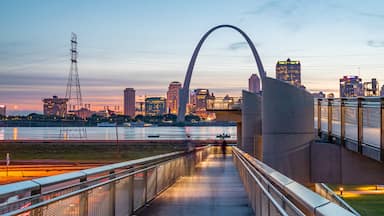 Gateway Arch which includes a monument, a sunset and a city