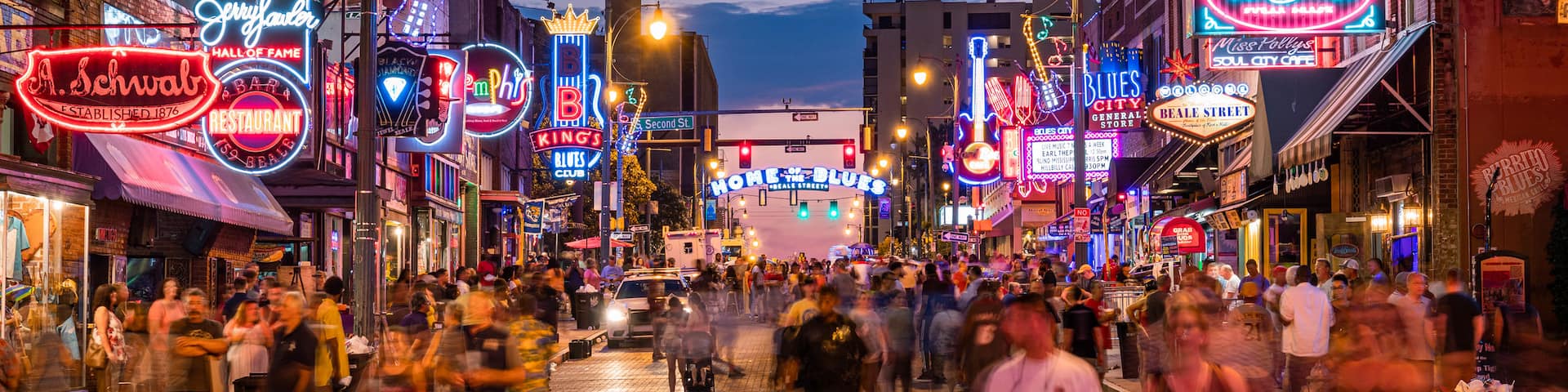 Beale Street showing nightlife, night scenes and street scenes