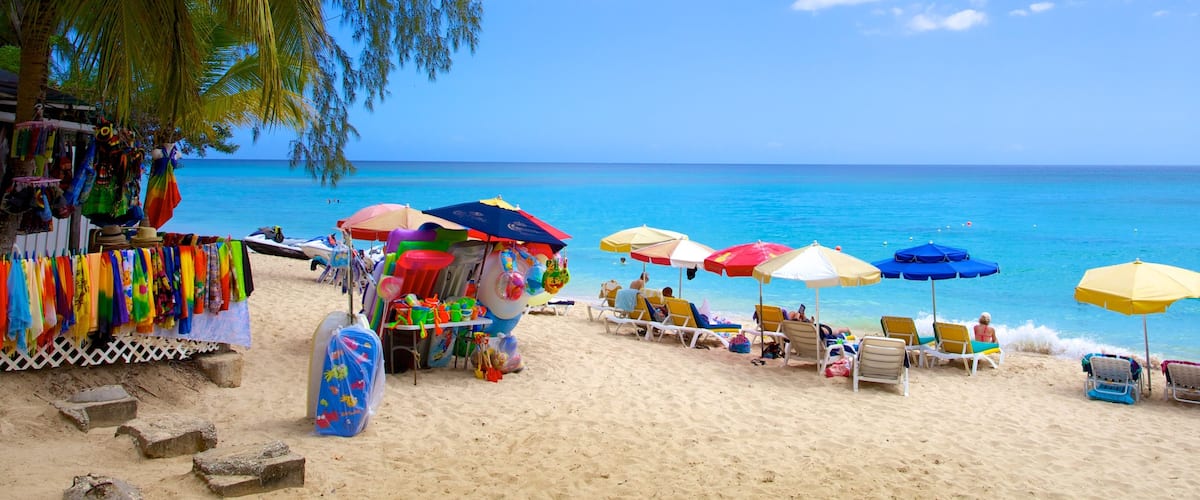 Brighton Beach showing a beach, tropical scenes and markets