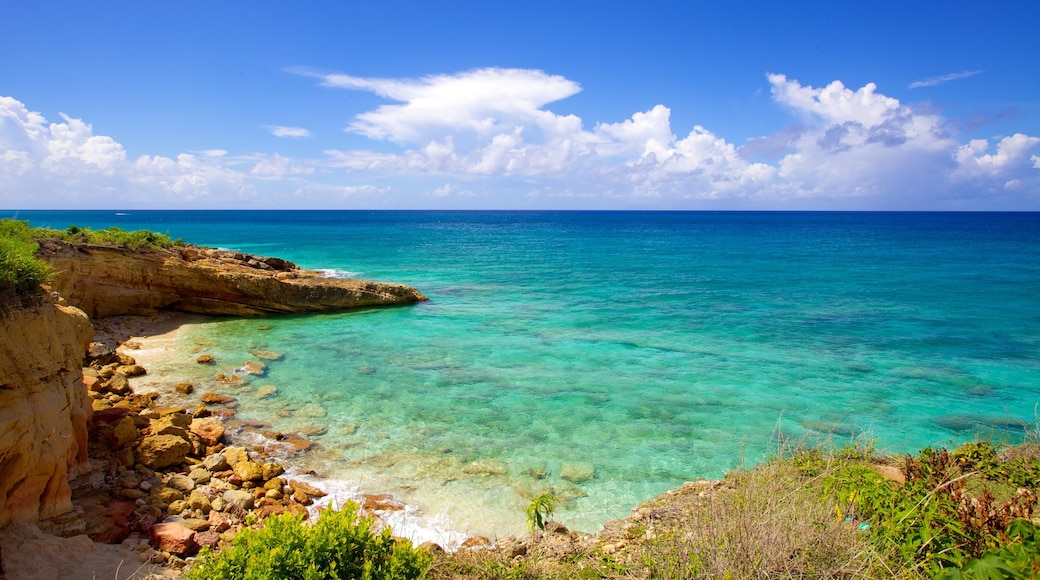 Cupecoy Beach which includes general coastal views, tropical scenes and rocky coastline