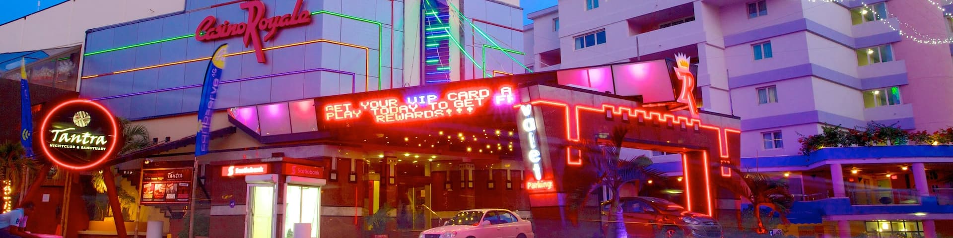 Casino Royale showing a casino, a city and signage