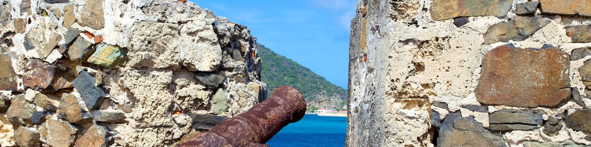 Fort Amsterdam showing building ruins, military items and a castle