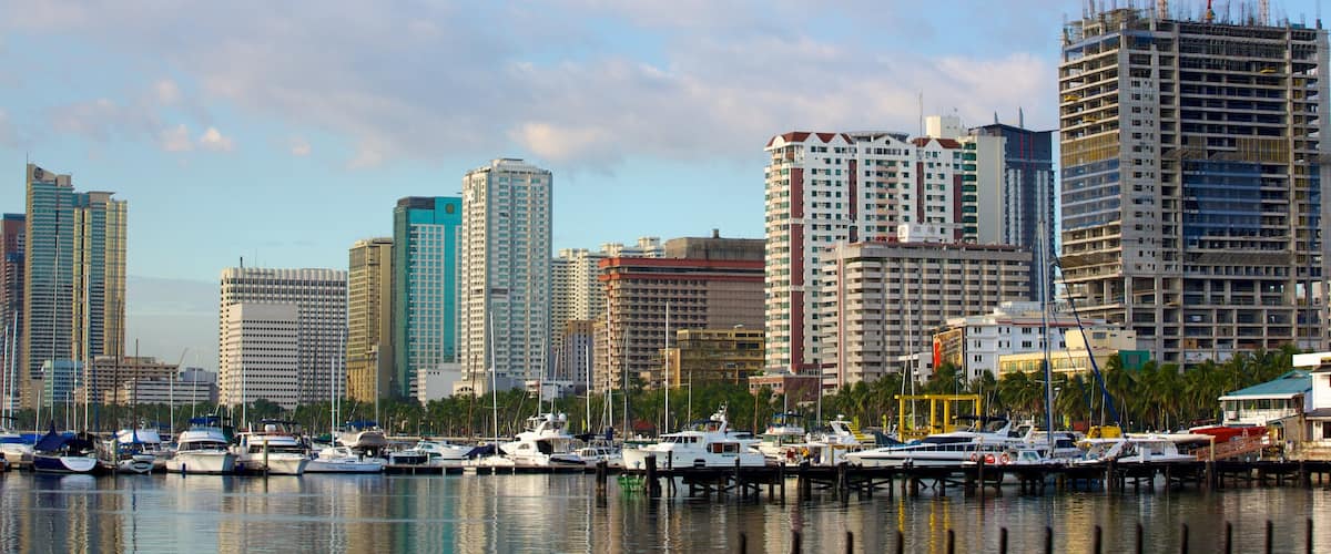 Baywalk showing a bay or harbour, a marina and a city