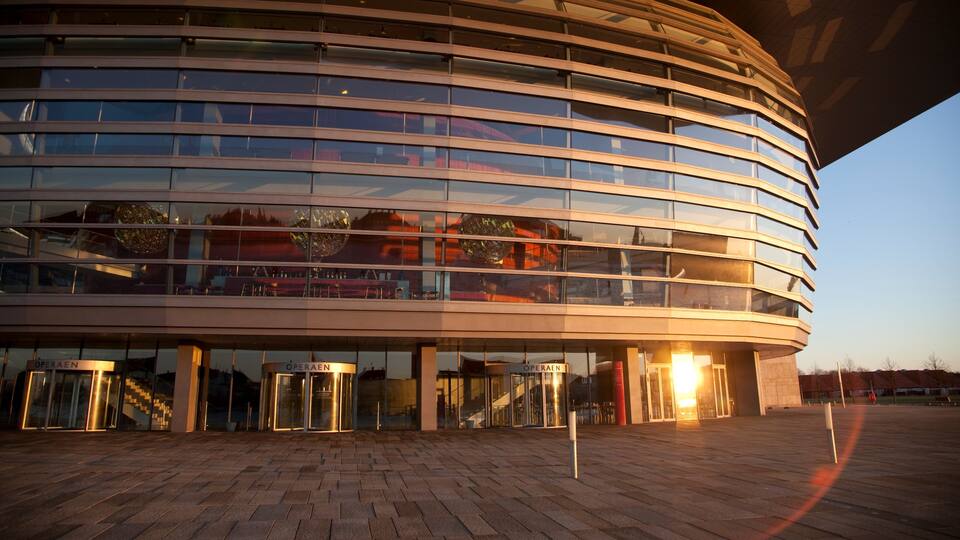 Copenhagen Opera House featuring theater scenes, modern architecture and a city