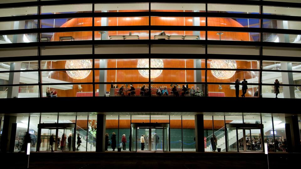 Copenhagen Opera House showing theater scenes, night scenes and modern architecture