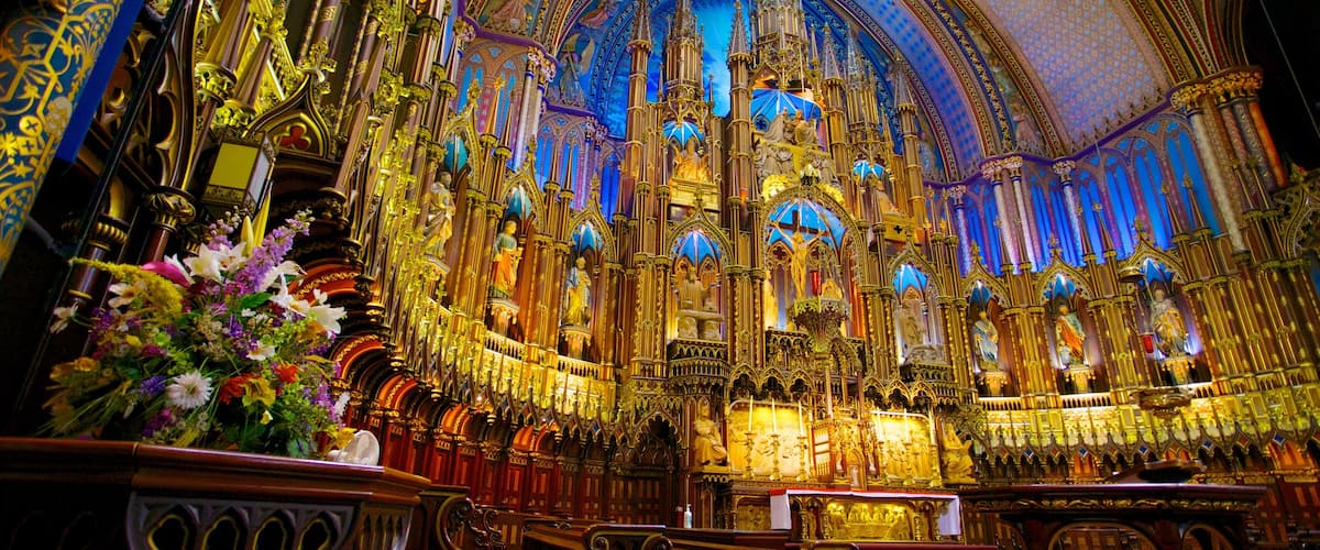 Notre Dame Basilica which includes religious aspects, a church or cathedral and interior views