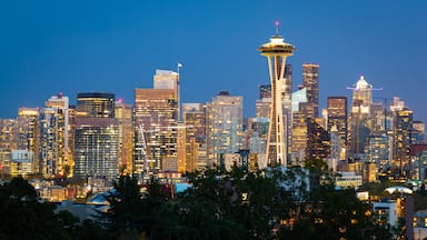 Seattle which includes landscape views, night scenes and a city