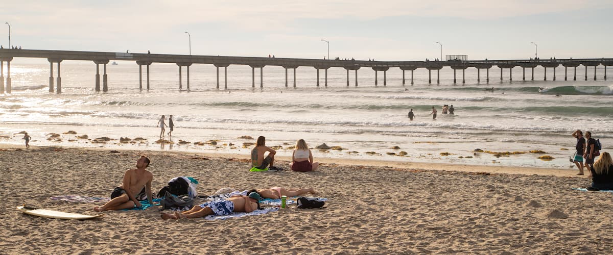 Ocean Beach which includes a sandy beach, a sunset and general coastal views