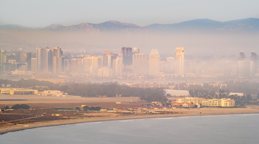 Cabrillo National Monument featuring general coastal views, mist or fog and a city