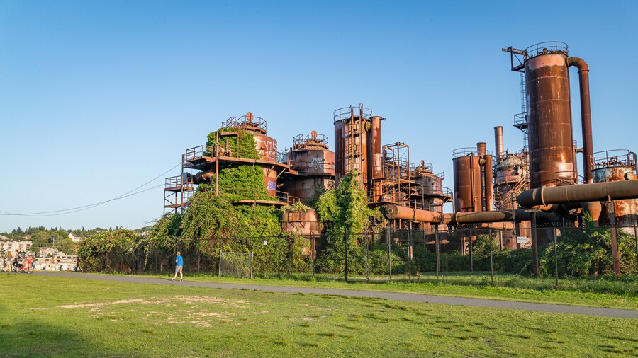 Industrial structures and open grassy areas at Gas Works Park in Seattle, Washington.