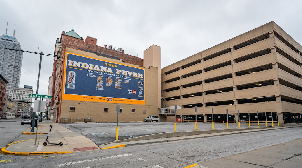 Bankers Life Fieldhouse showing signage and a city