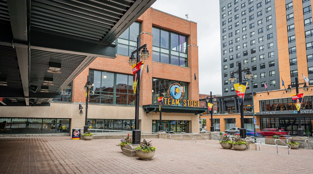 Bankers Life Fieldhouse showing a city and signage