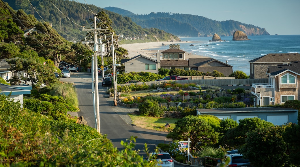 Cannon Beach which includes a coastal town