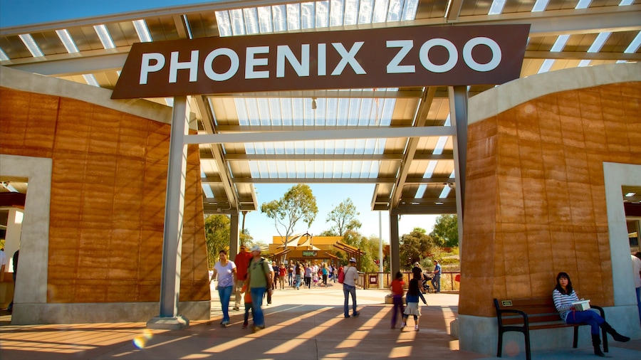 Phoenix Zoo entrance in Papago Park, Phoenix, Arizona, with families walking under the modern shaded canopy.