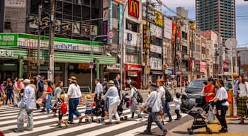 Tennoji featuring street scenes and a city as well as a large group of people