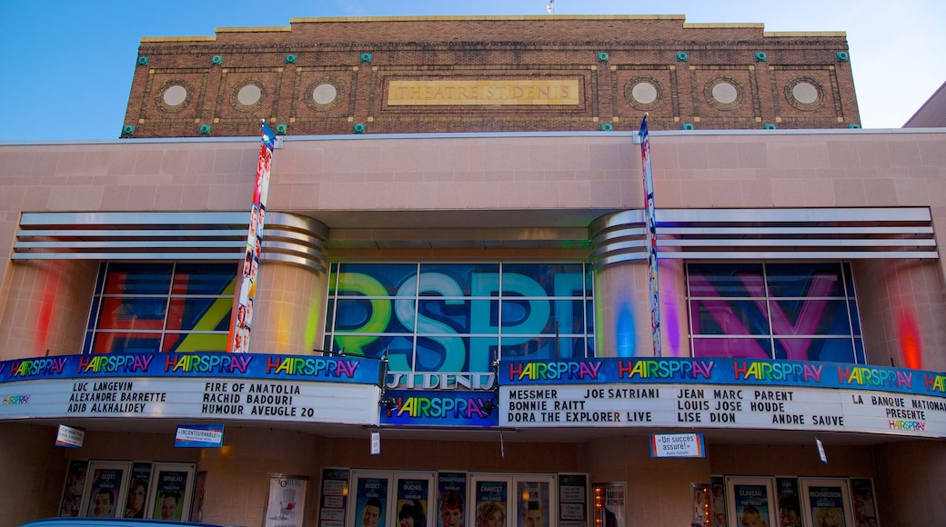 Barrio latino mostrando una ciudad, escenas de teatro y señalización