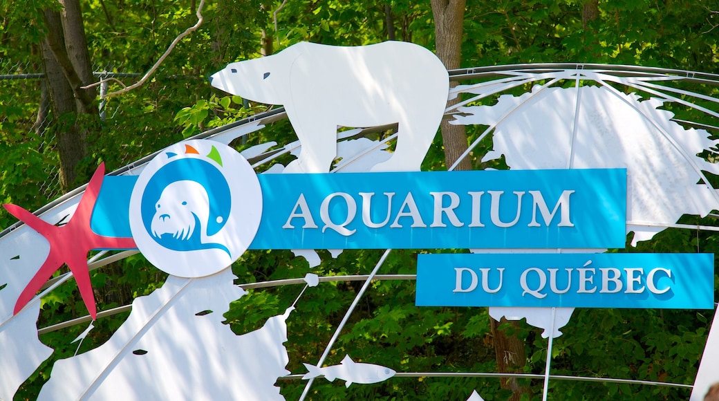 Parque Acuario de Quebec ofreciendo señalización, animales del zoológico y vida marina