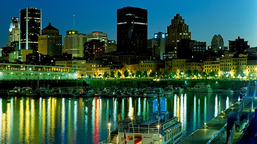 Old Port of Montreal featuring a city, a bay or harbor and night scenes
