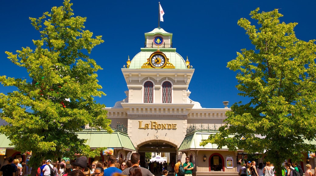 La Ronde Six Flags showing signage, rides and street scenes