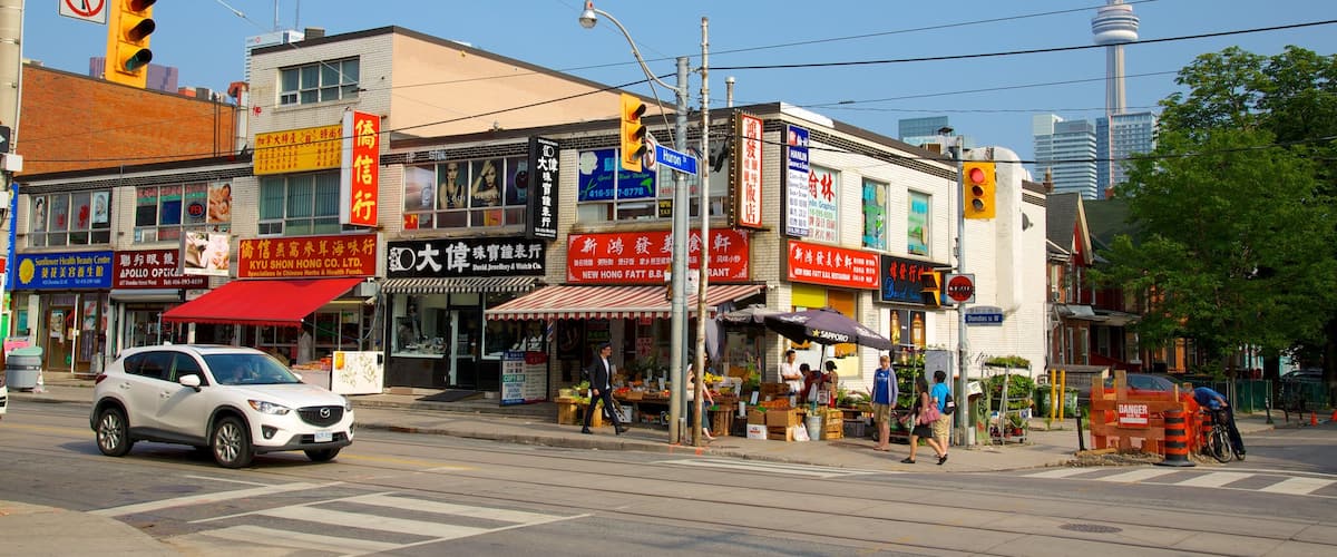 Chinatown showing street scenes and a city