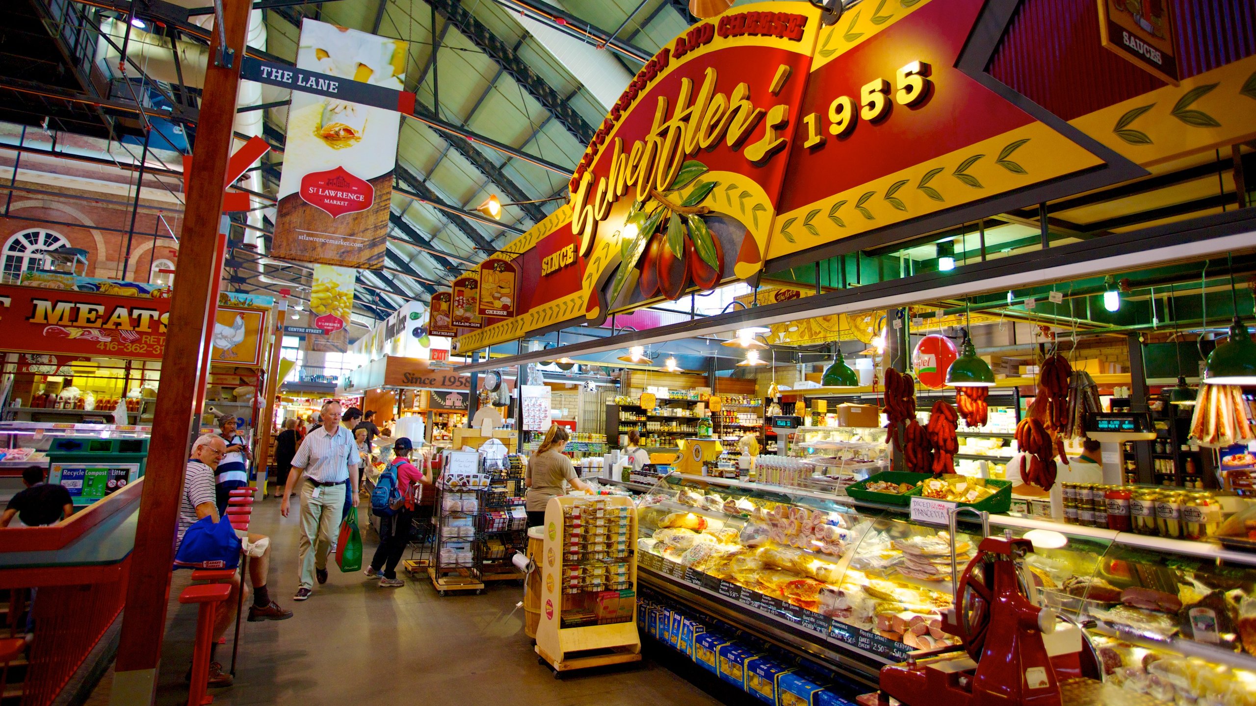 St. Lawrence Market which includes signage, interior views and food