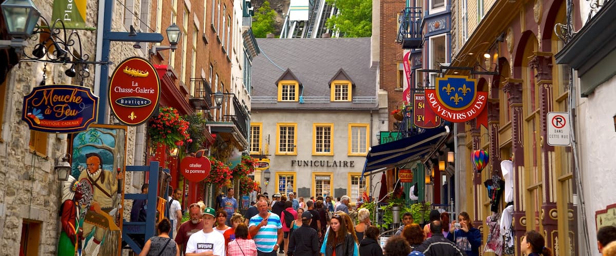 Old Quebec featuring a city, signage and street scenes