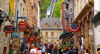 Old Quebec que inclui uma cidade, sinalização e cenas de rua