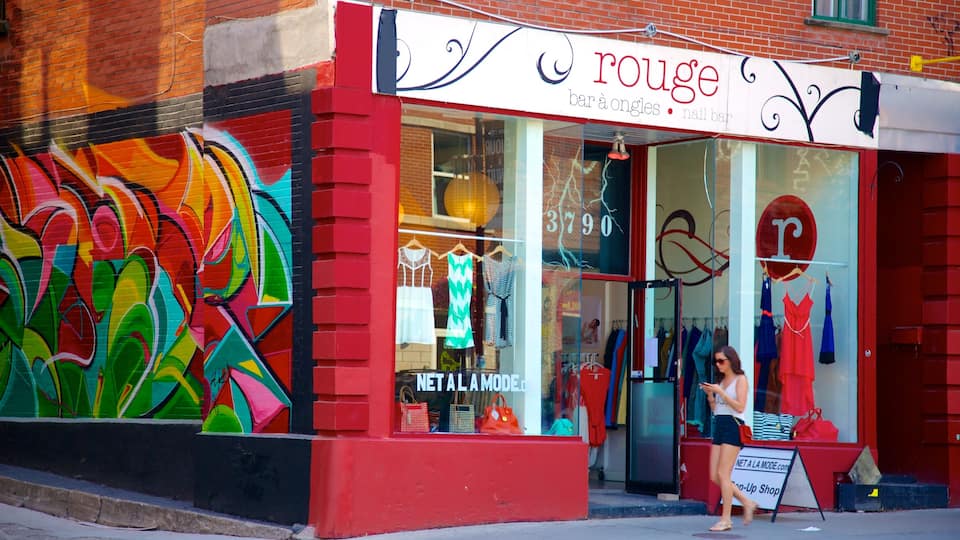 Plateau Mont Royal showing street scenes, shopping and a city
