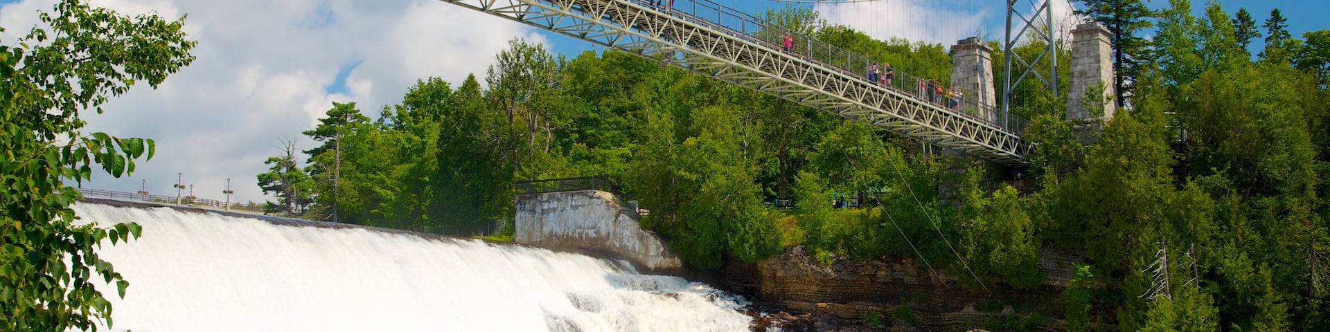 Montmorency Falls featuring a suspension bridge or treetop walkway, a river or creek and a bridge