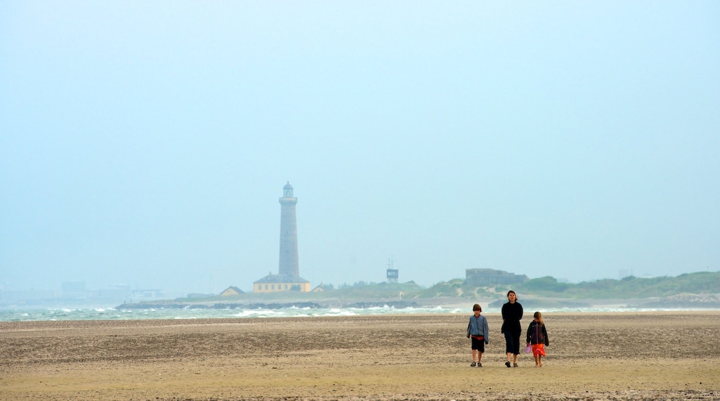 Grenen toont een vuurtoren en een zandstrand en ook een gezin