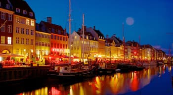 Nyhavn featuring a marina, night scenes and a city
